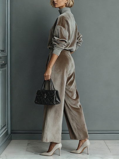 Elegant High-neck Velvet Pleated Wide-leg Pants Two-piece Set