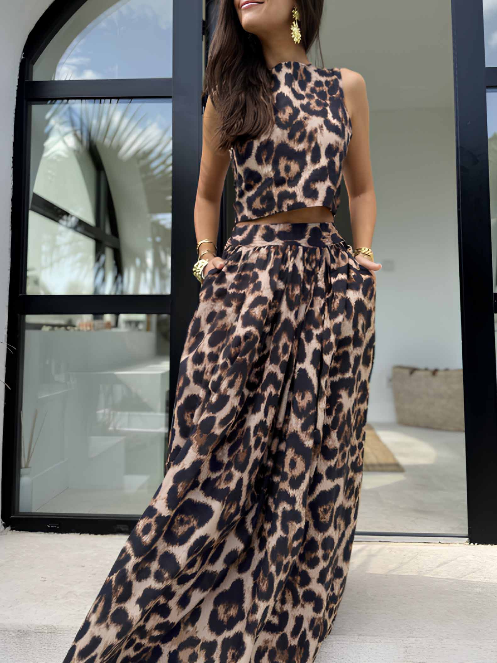Bohemian Leopard Print Sleeveless Top & Flowy Maxi Skirt Set