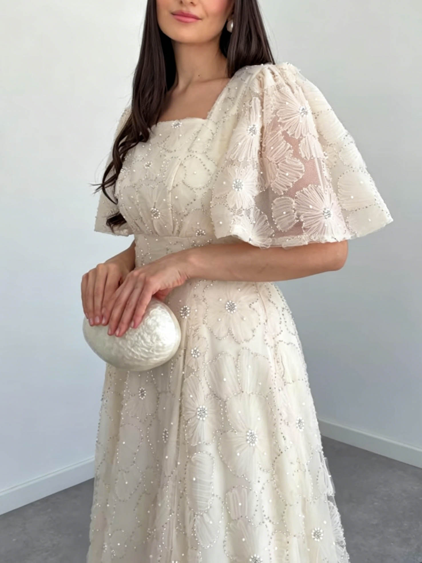 Elegant Square Neck Sheer Tulle Floral Embroidered Maxi Dress