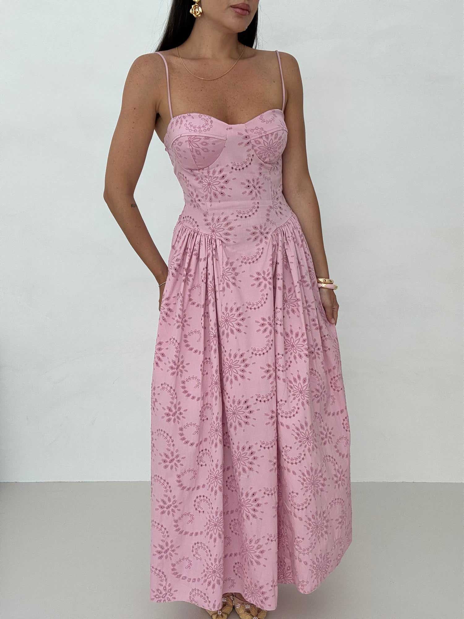 Romantic Embroidered Sweetheart Neck Spaghetti Strap Maxi Dress