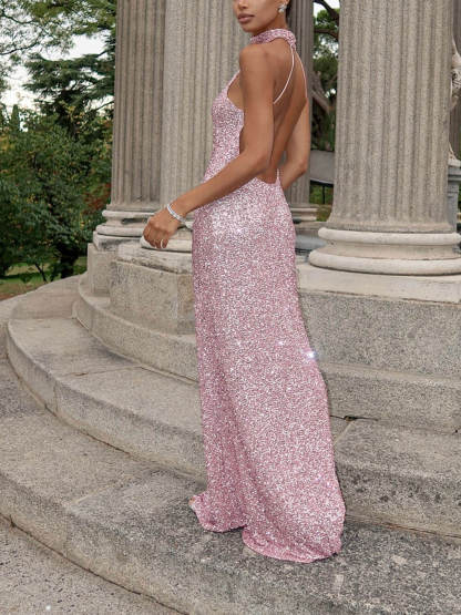 Elegant Sequined Backless Maxi Dress