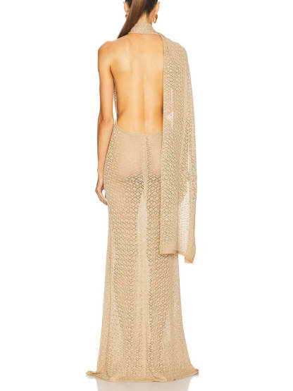 Exquisite Backless Mesh Wrap Scarf Detail Knit Maxi Dress