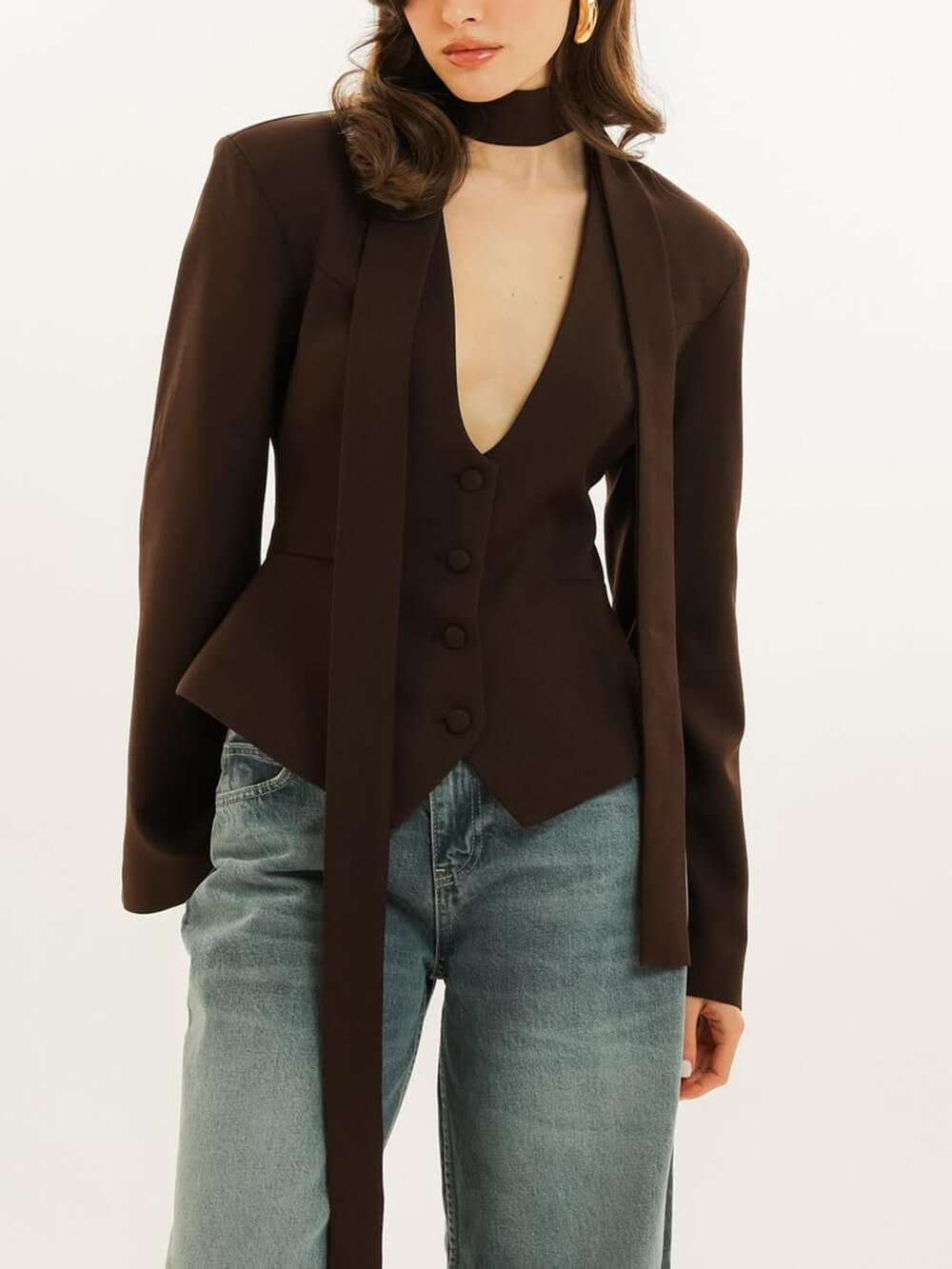 Fashion Solid Color V-Neck Scarf-Trimmed Long Sleeve Blazer