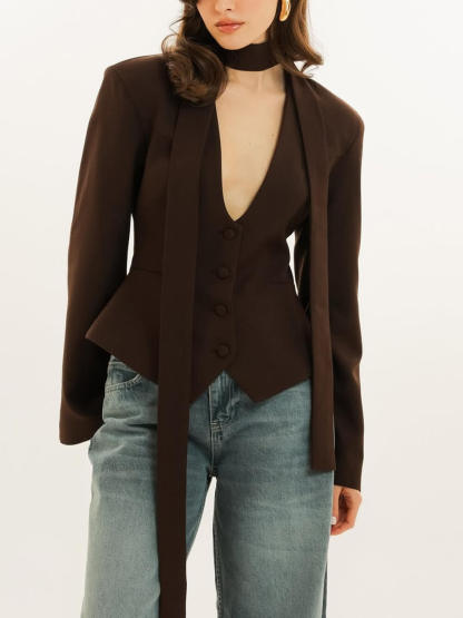 Fashion Solid Color V-Neck Scarf-Trimmed Long Sleeve Blazer