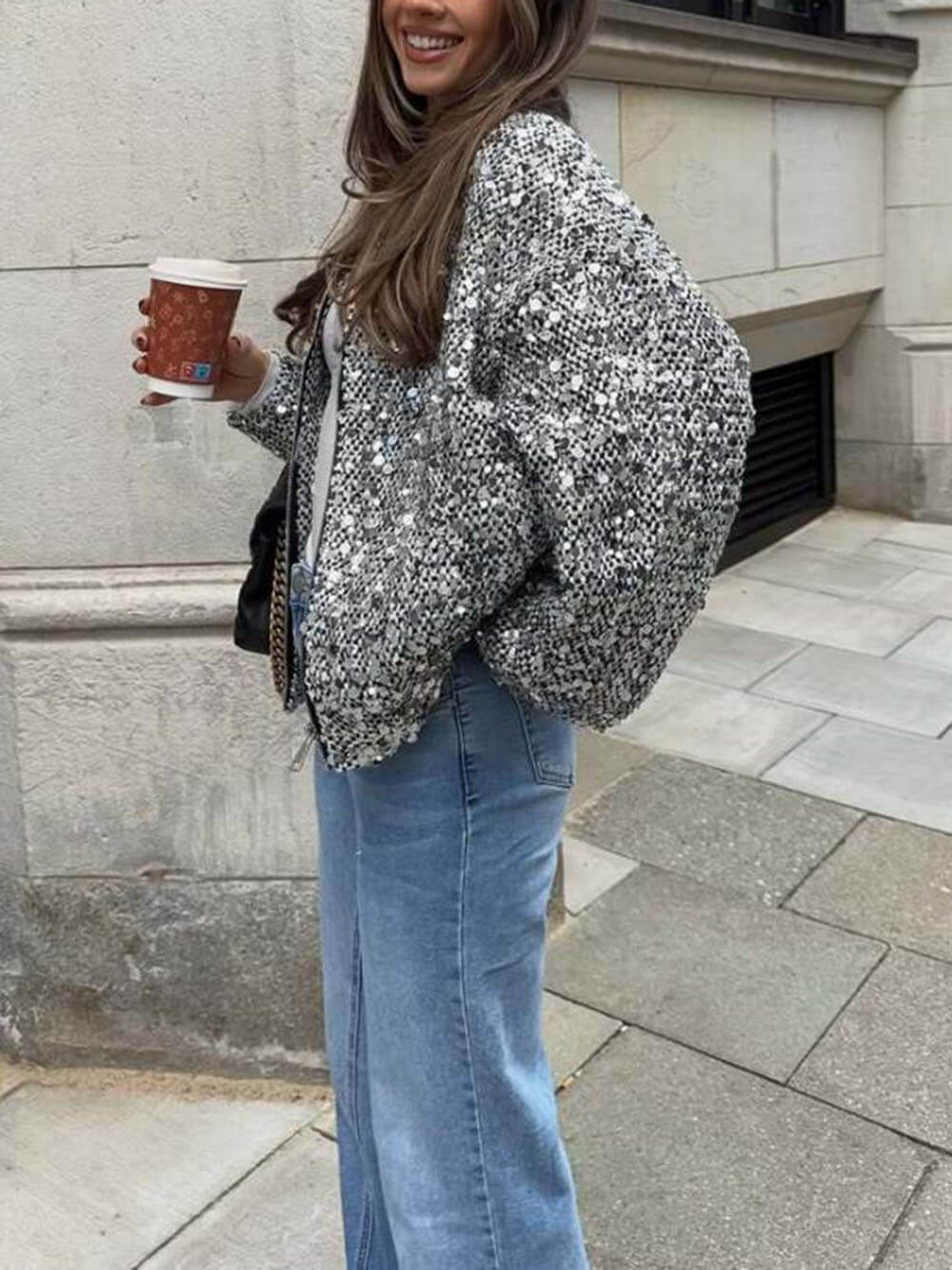 Retro Sequin Zip-Up Long Sleeve Jacket