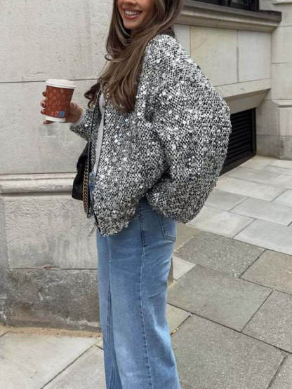 Retro Sequin Zip-Up Long Sleeve Jacket