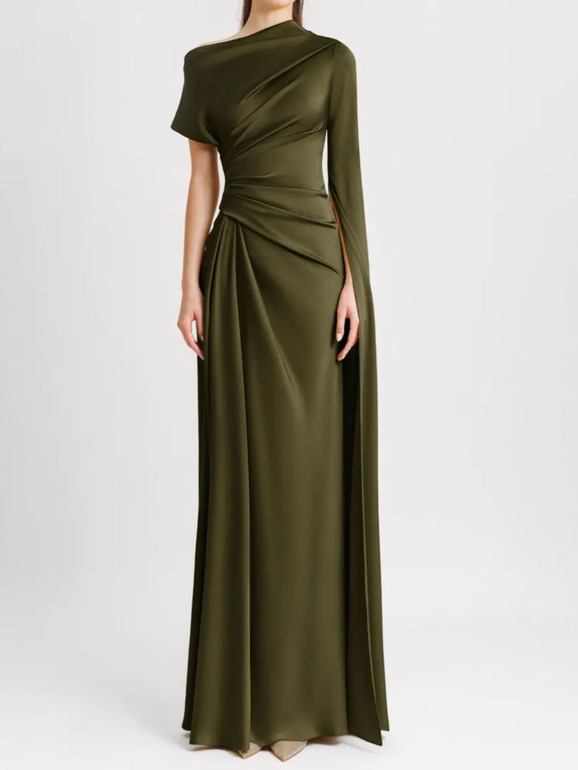 Elegant Irregular-sleeve Pleated Satin Maxi Dress