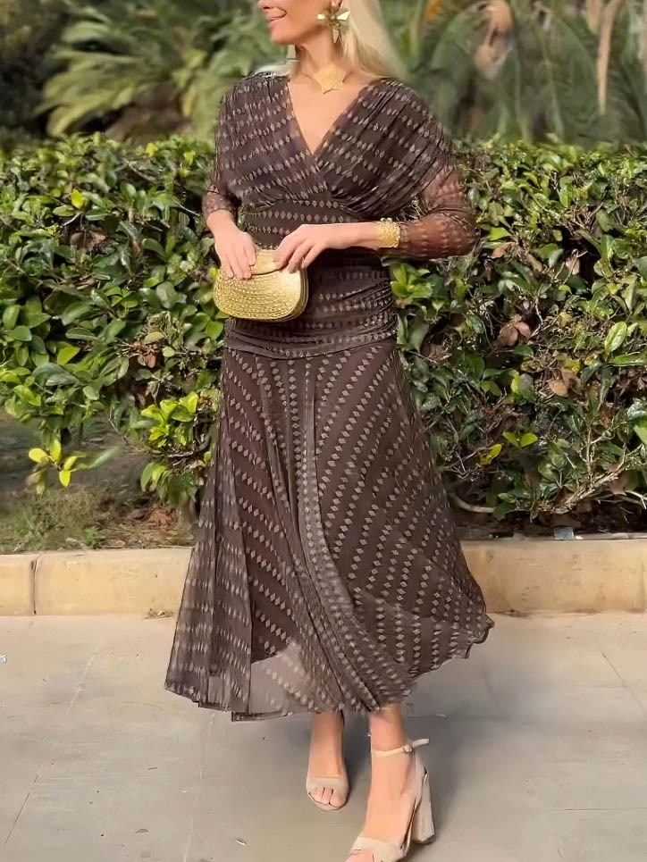 Elegant Retro Bohemian Style V-neck Mesh Print Maxi Dress