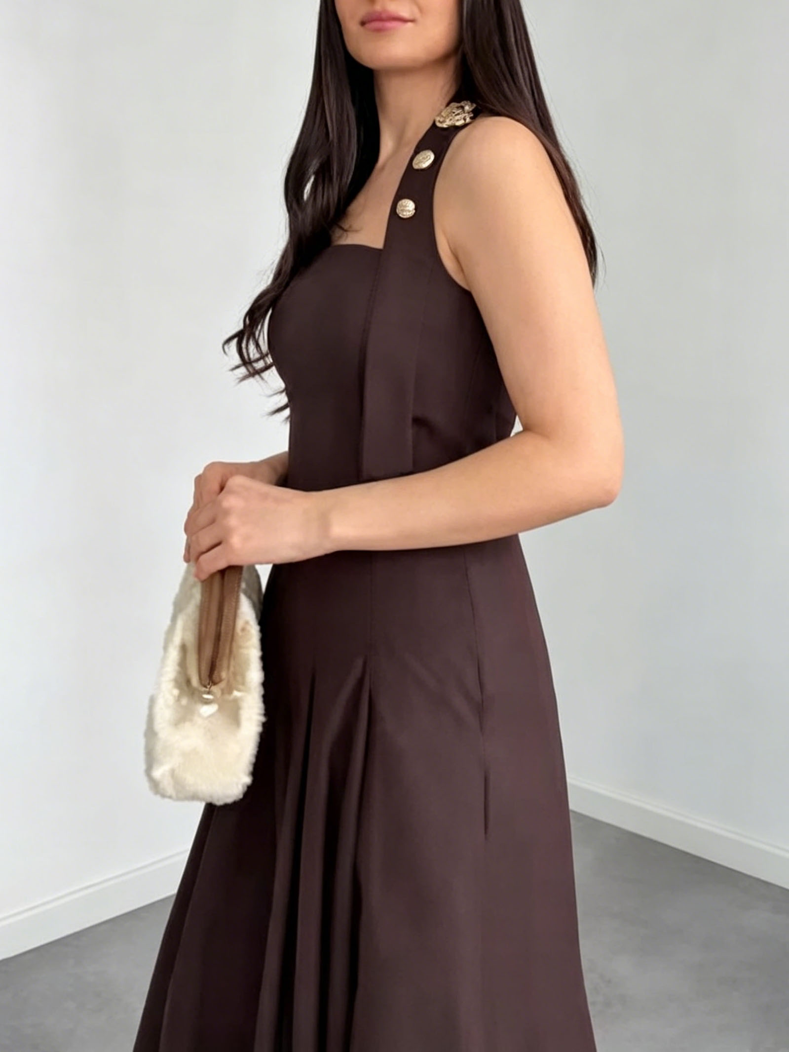 Elegant Halter Neck Button-Front A-Line Midi Dress