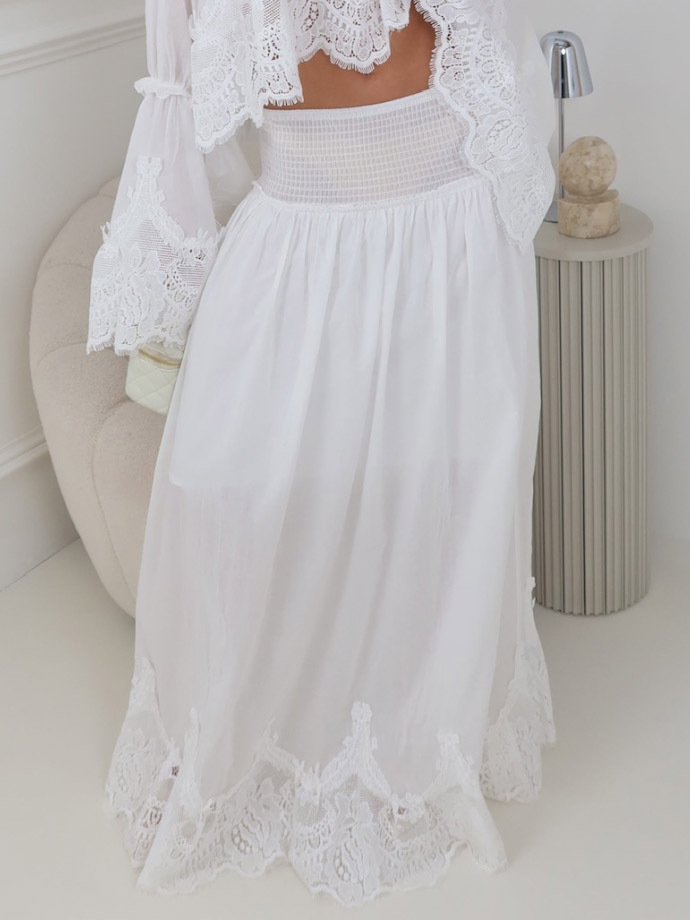 Elegant Lace Patchwork Top & High-Waist Smocked Maxi Skirt Set
