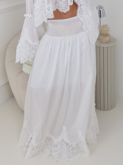 Elegant Lace Patchwork Top & High-Waist Smocked Maxi Skirt Set