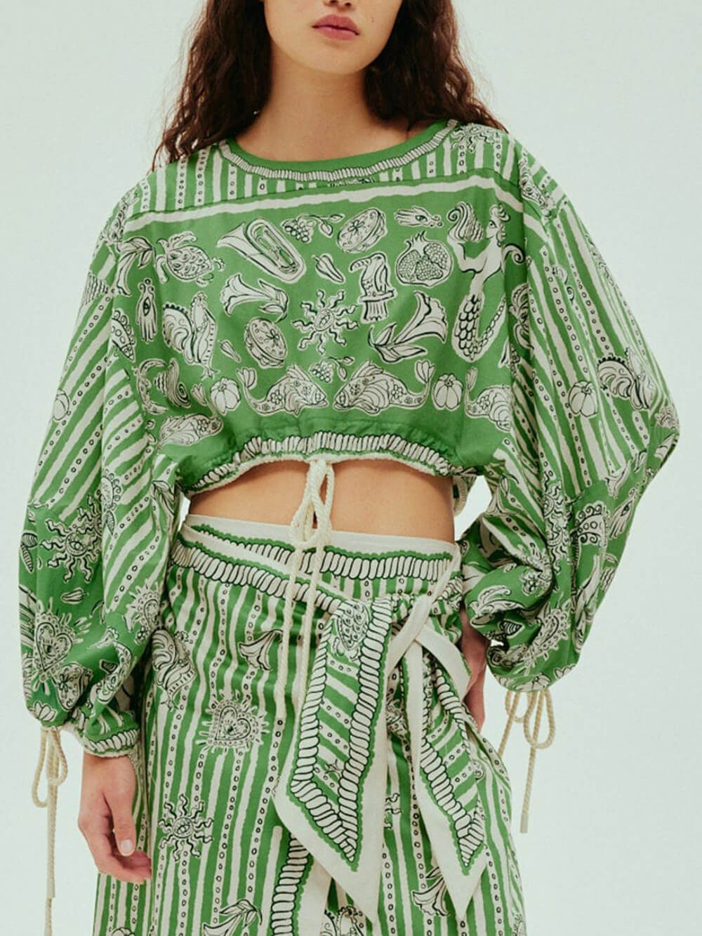 Unique Satin Boho Print Tie-Waist Midi Skirt