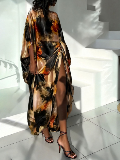 Elegant One-shoulder Tie-dye Printed Pleated Maxi Dress