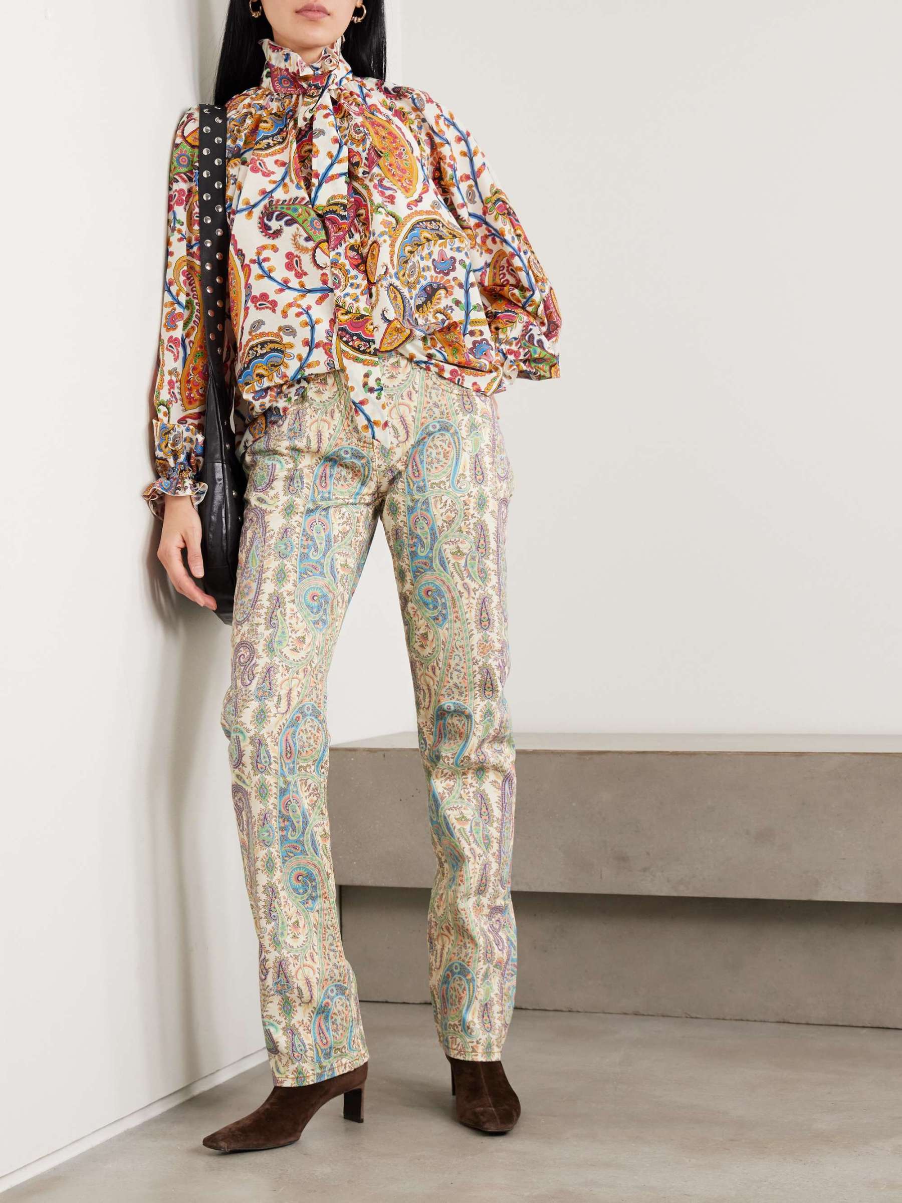 Exquisite Bow Paisley Print Shirt & Pants Two-Piece Set