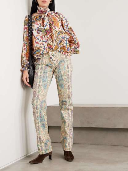Exquisite Bow Paisley Print Shirt & Pants Two-Piece Set