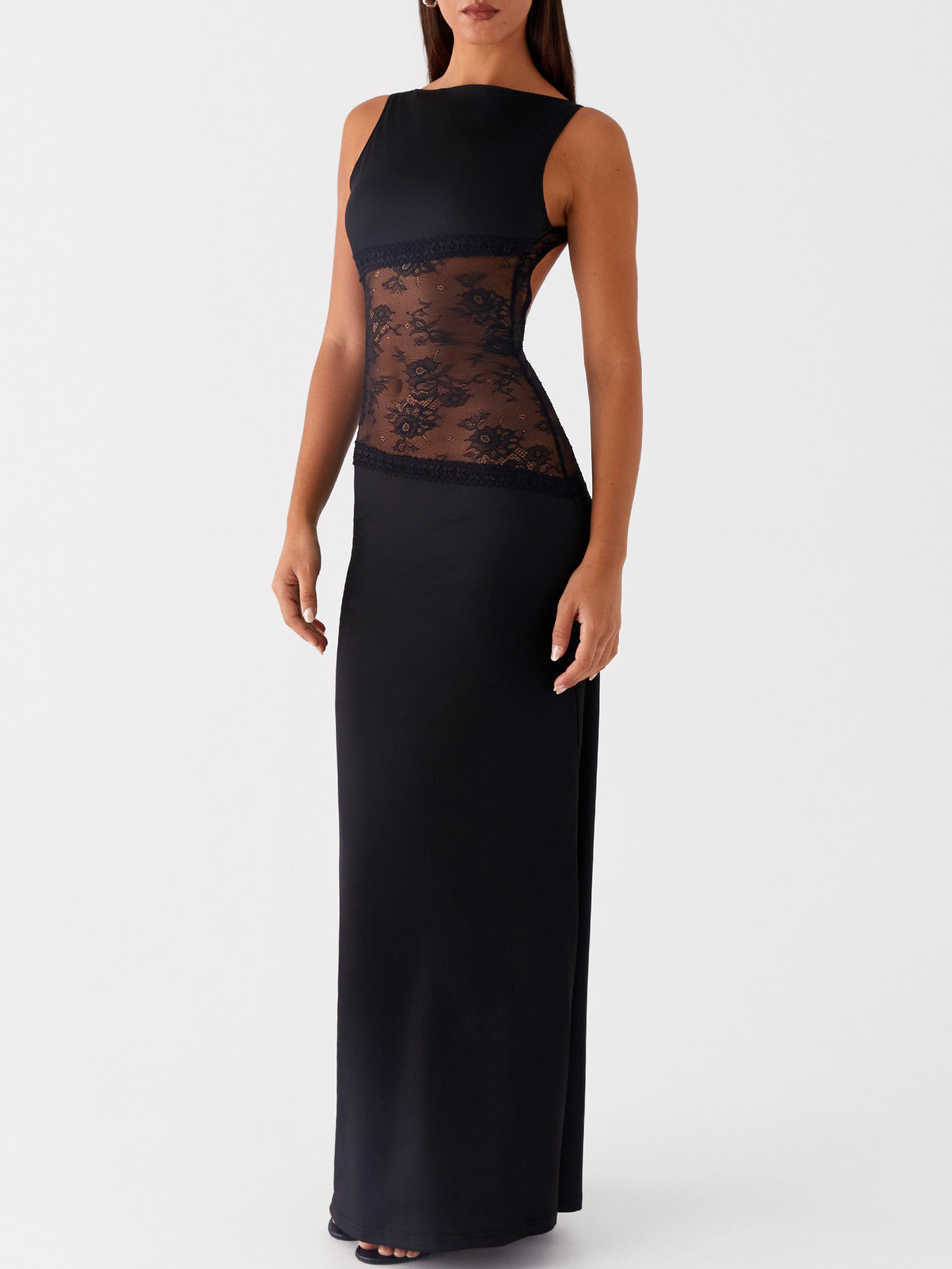 Elegant Sleeveless Boat Neck Black Lace Maxi Dress