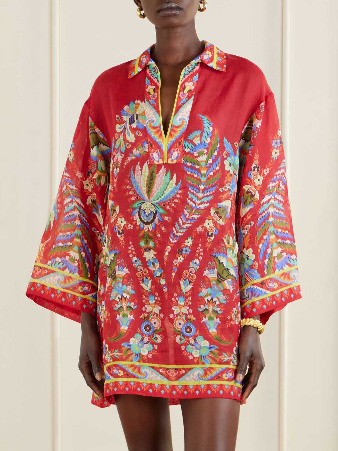 Exquisite Paisley Print V-Neck Kaftan Mini Dress