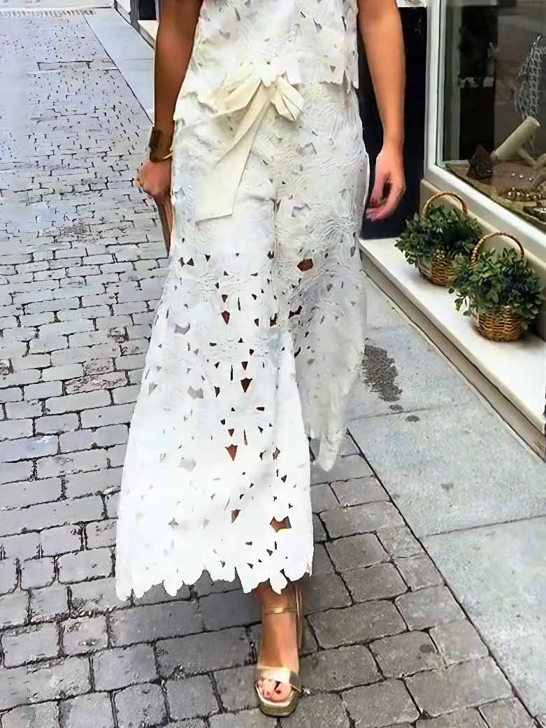 Casual Cutout Lace Wide-Leg Pants