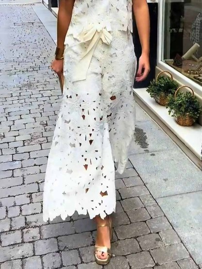 Casual Cutout Lace Wide-Leg Pants