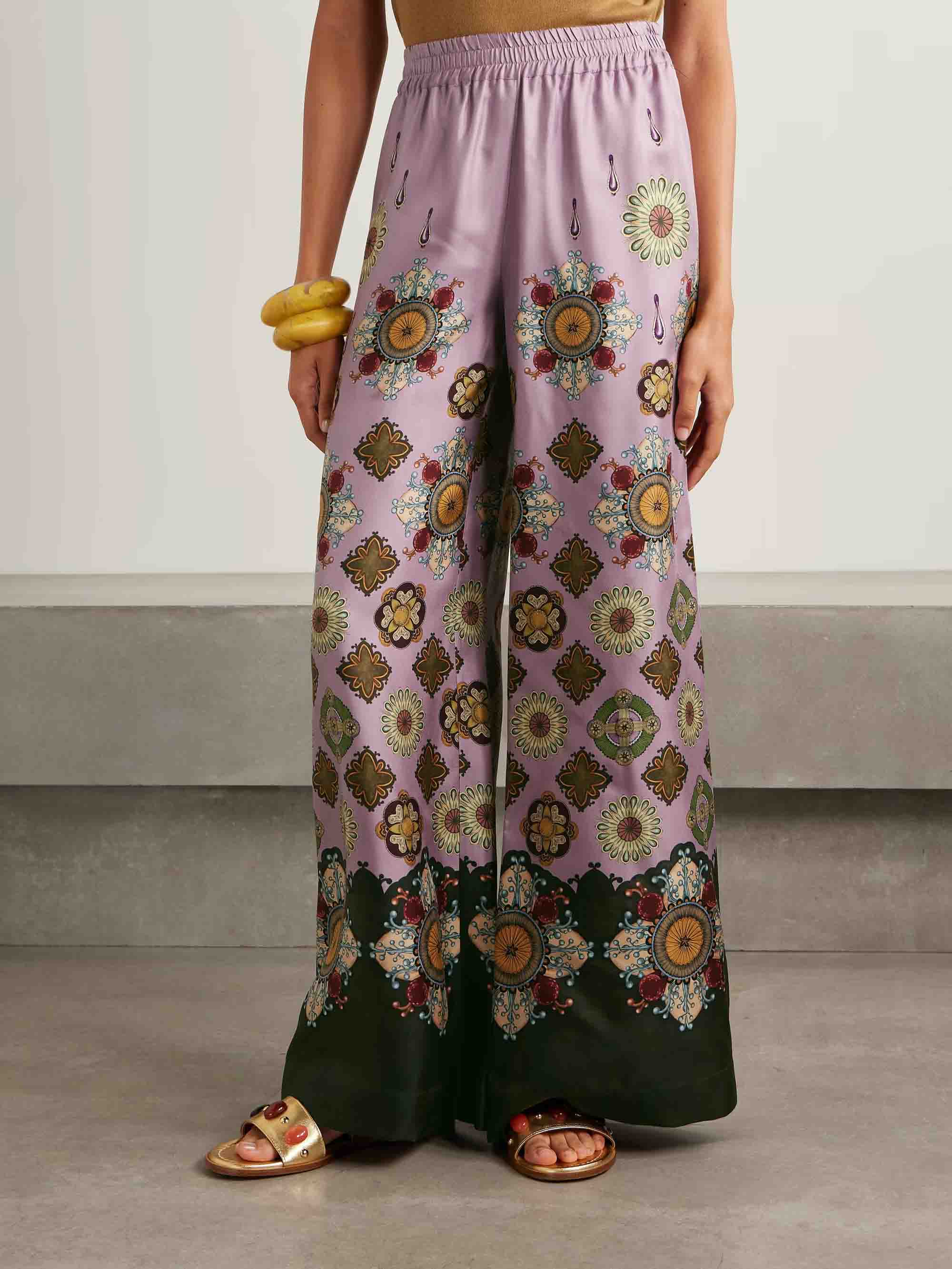 Retro Fine Satin Floral Print Wide-Leg Pants