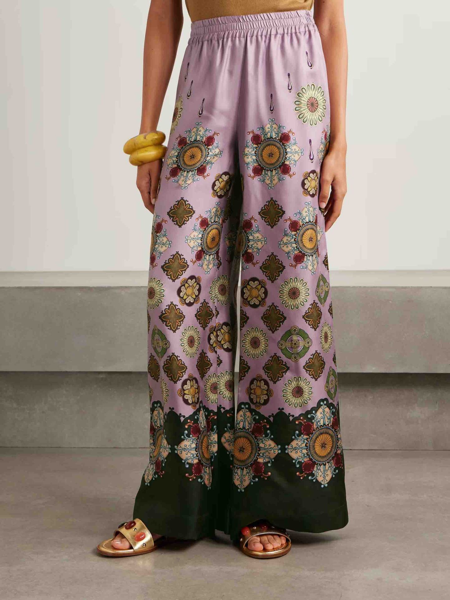 Retro Fine Satin Floral Print Wide-Leg Pants