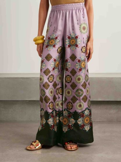 Retro Fine Satin Floral Print Wide-Leg Pants