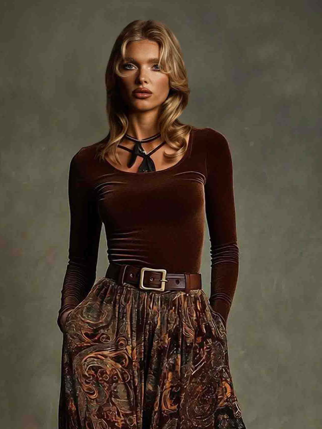 Retro Stretch Velvet Top And Paisley Print Maxi Skirt Set