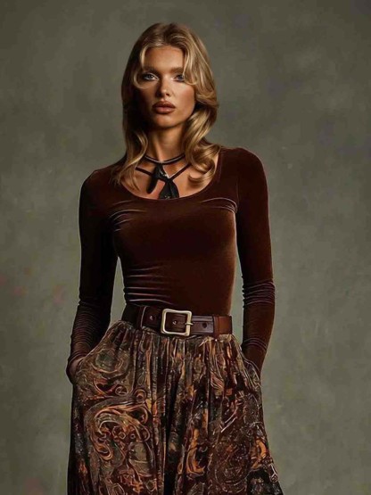 Retro Stretch Velvet Top And Paisley Print Maxi Skirt Set