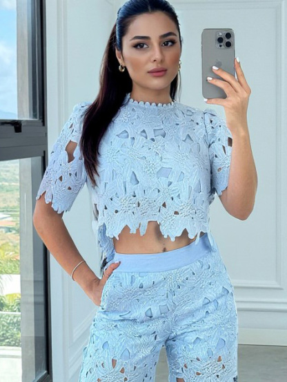 Elegant Lace Crop Top & Wide-Leg Pants Two-Piece Set