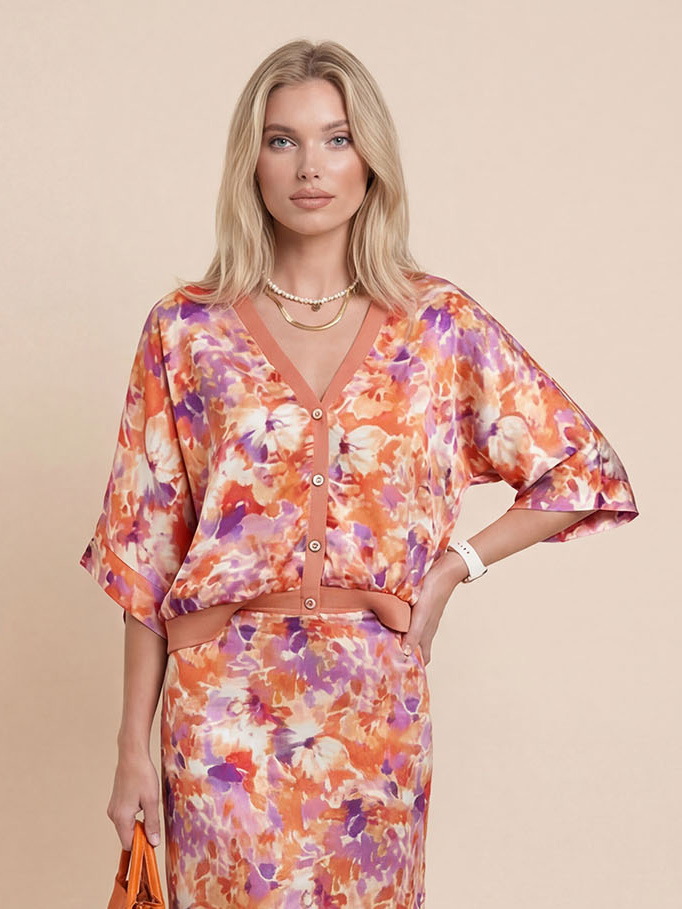 Exquisite Floral Print Satin High-Waisted Midi Skirt