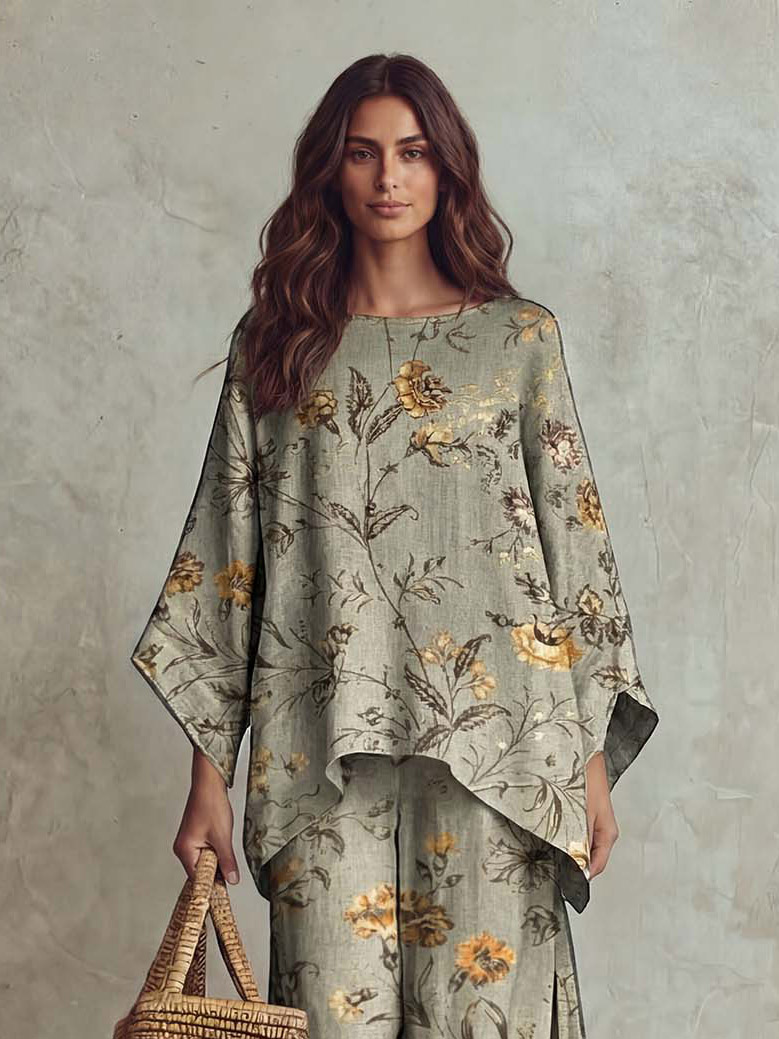 Retro Floral Print Loose Top & Wide-Leg Pants Two-Piece Set