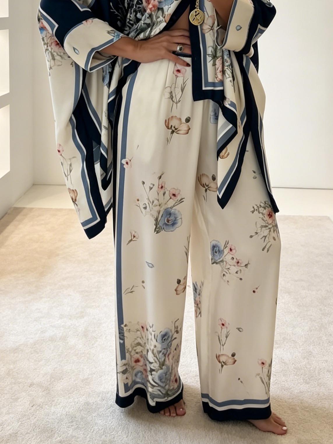 Exquisite Satin Print High-Waist Wide-Leg Pants