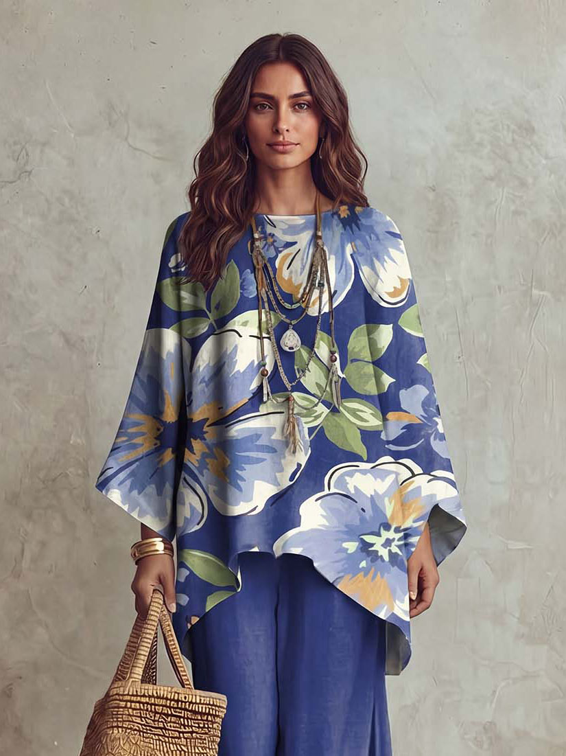 Casual Floral Print Batwing Sleeve Shirt & Pants Two-Piece Set
