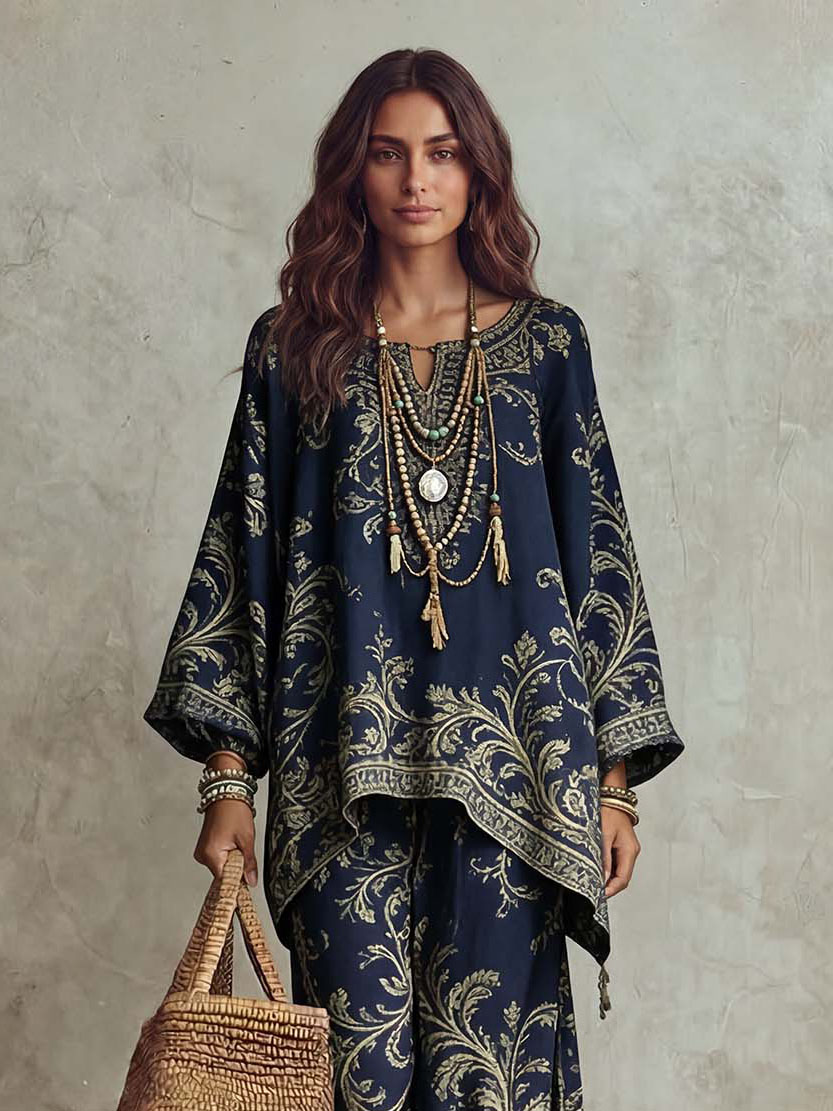 Conjunto de dos piezas de camisa de manga murciélago con estampado de hojas bohemio casual