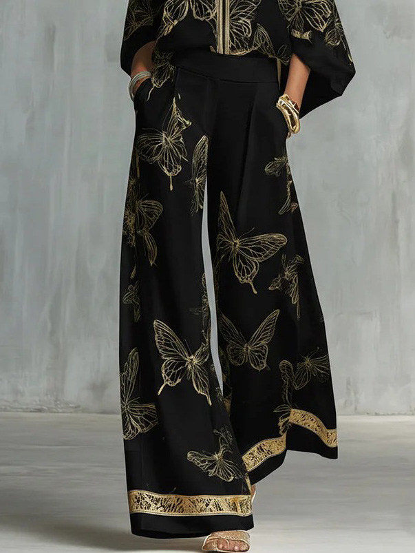 Elegant Butterfly Print Wide-Leg Pants