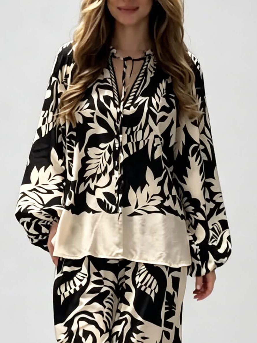 Bohemian Leaf Print V-Neck Satin Shirt & Wide-Leg Pants Set
