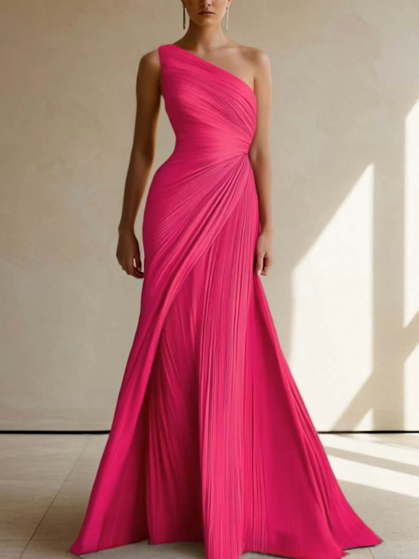 Elegant One-Shoulder Pleated Maxi Dress