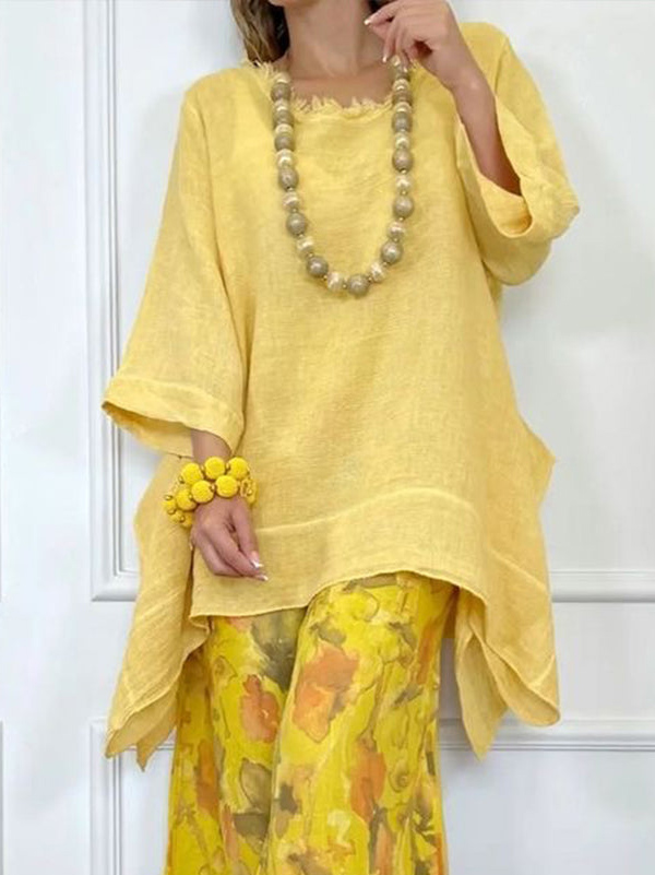 Casual Asymmetrical Top & Printed Wide Leg Pants Set