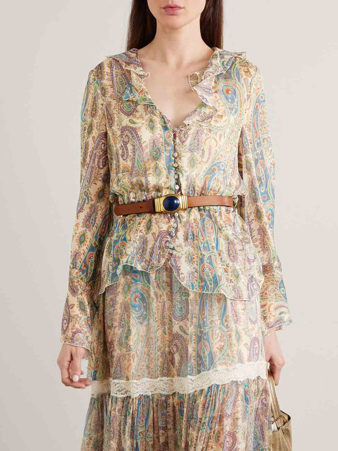 Exquisite Paisley Print Ruffle Collar Shirt