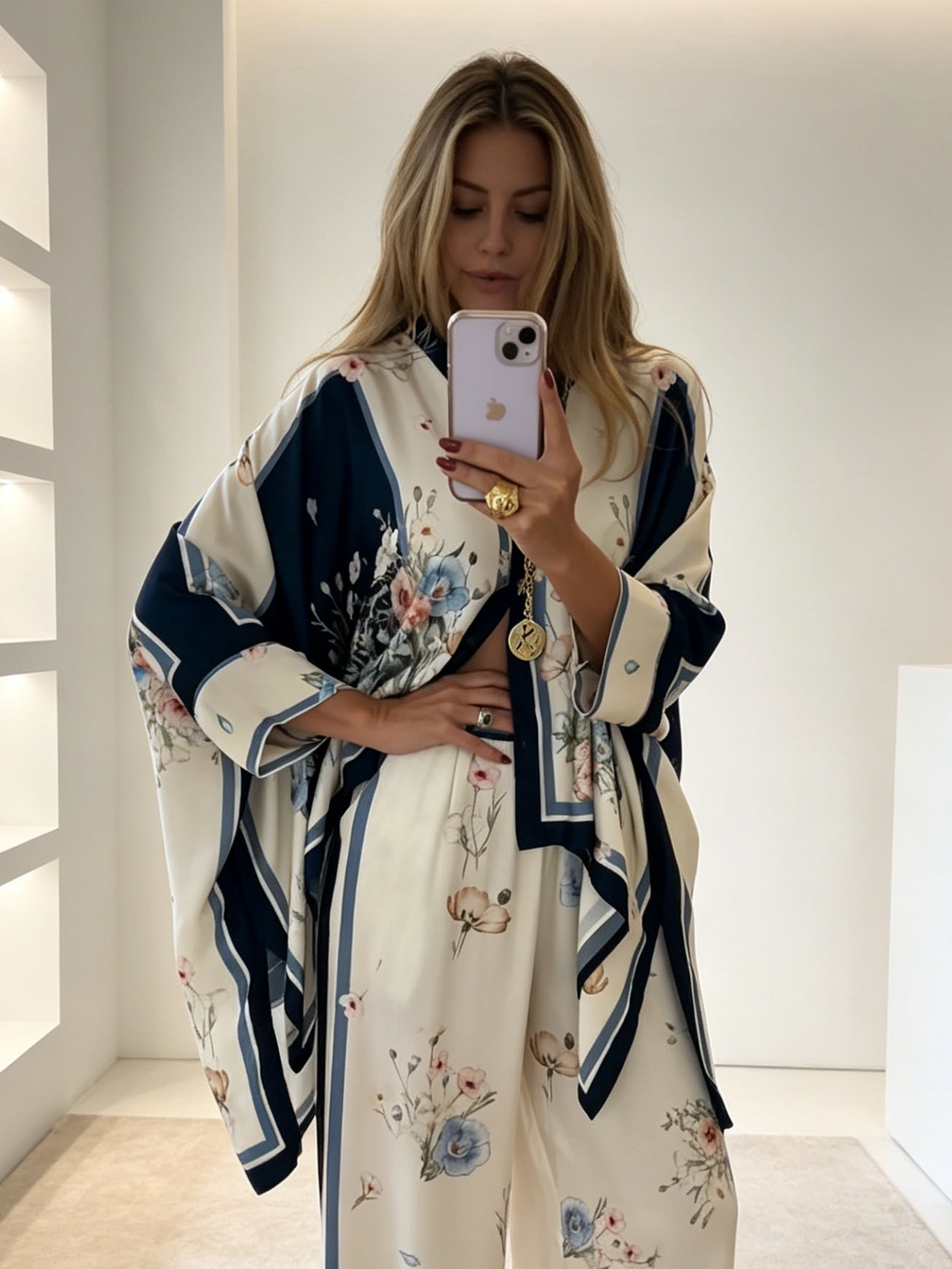 Exquisite Satin Print Batwing Sleeve Wide-Leg Pants Two-Piece Set