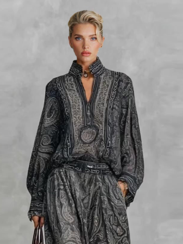 Retro Paisley Print Shirt Two-piece Set