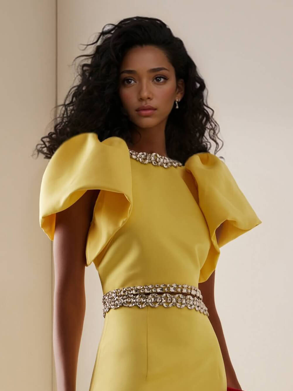 Exquisite Rhinestone-Embellished Puff Sleeve Top And Slit Maxi Skirt Set