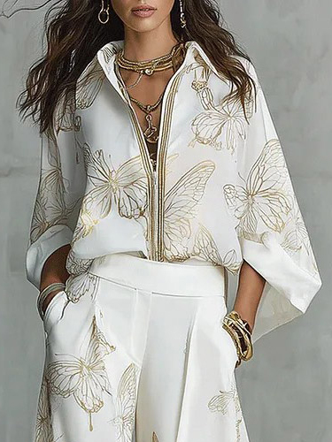 Elegant Butterfly Print Zip Shirt