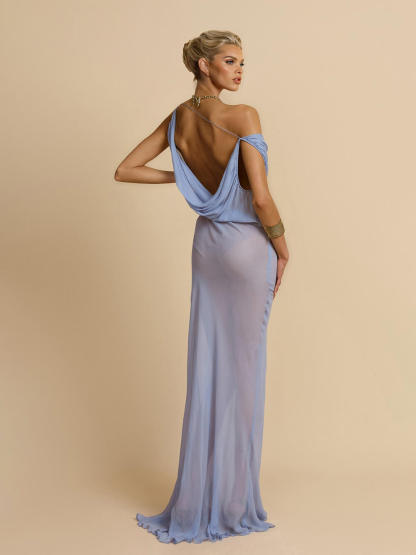 Fashion Mesh Sexy Off-Shoulder Ruched Maxi Dress