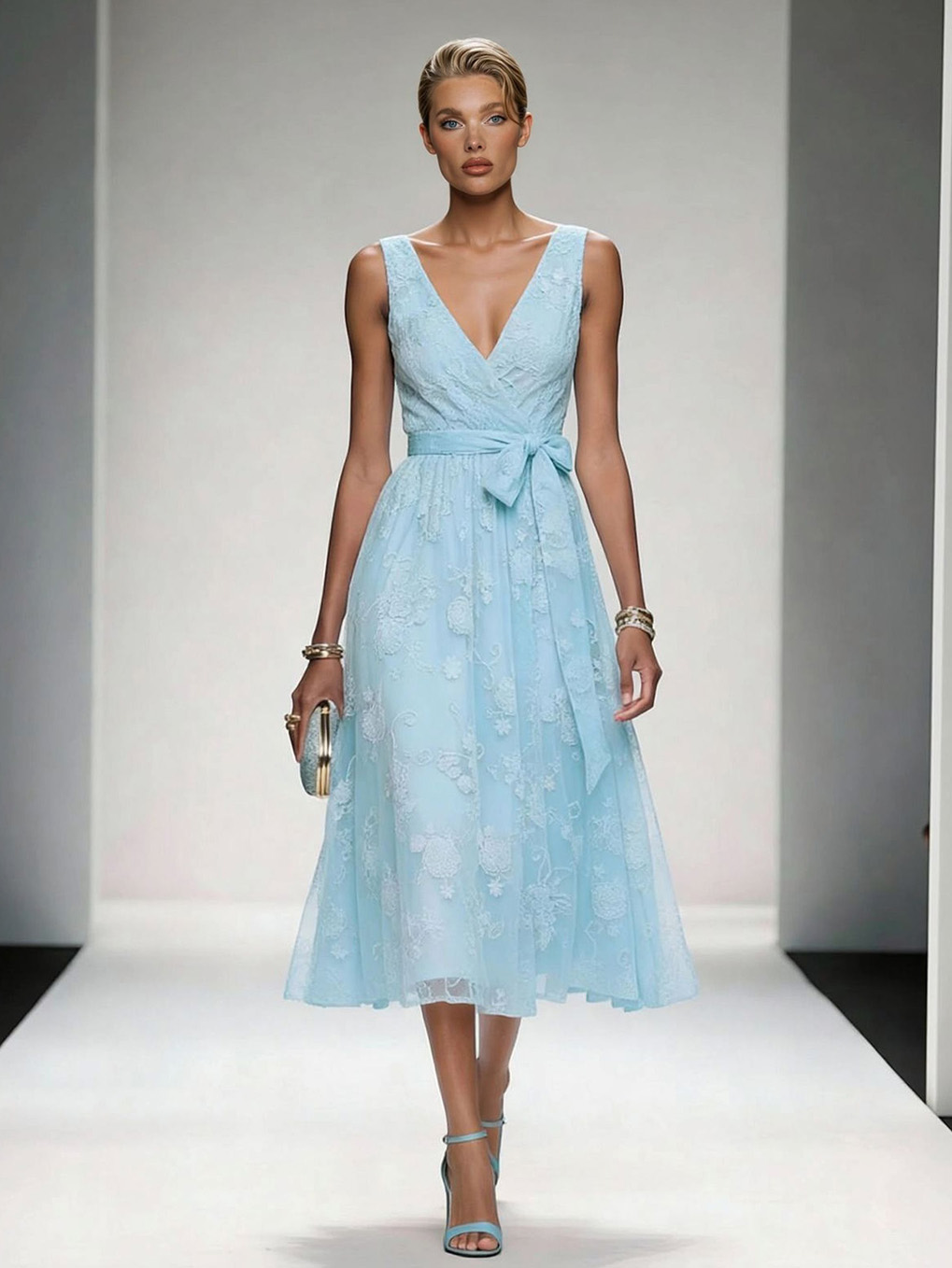Elegant V-Neck Lace Embroidered Tie-Front Midi Dress