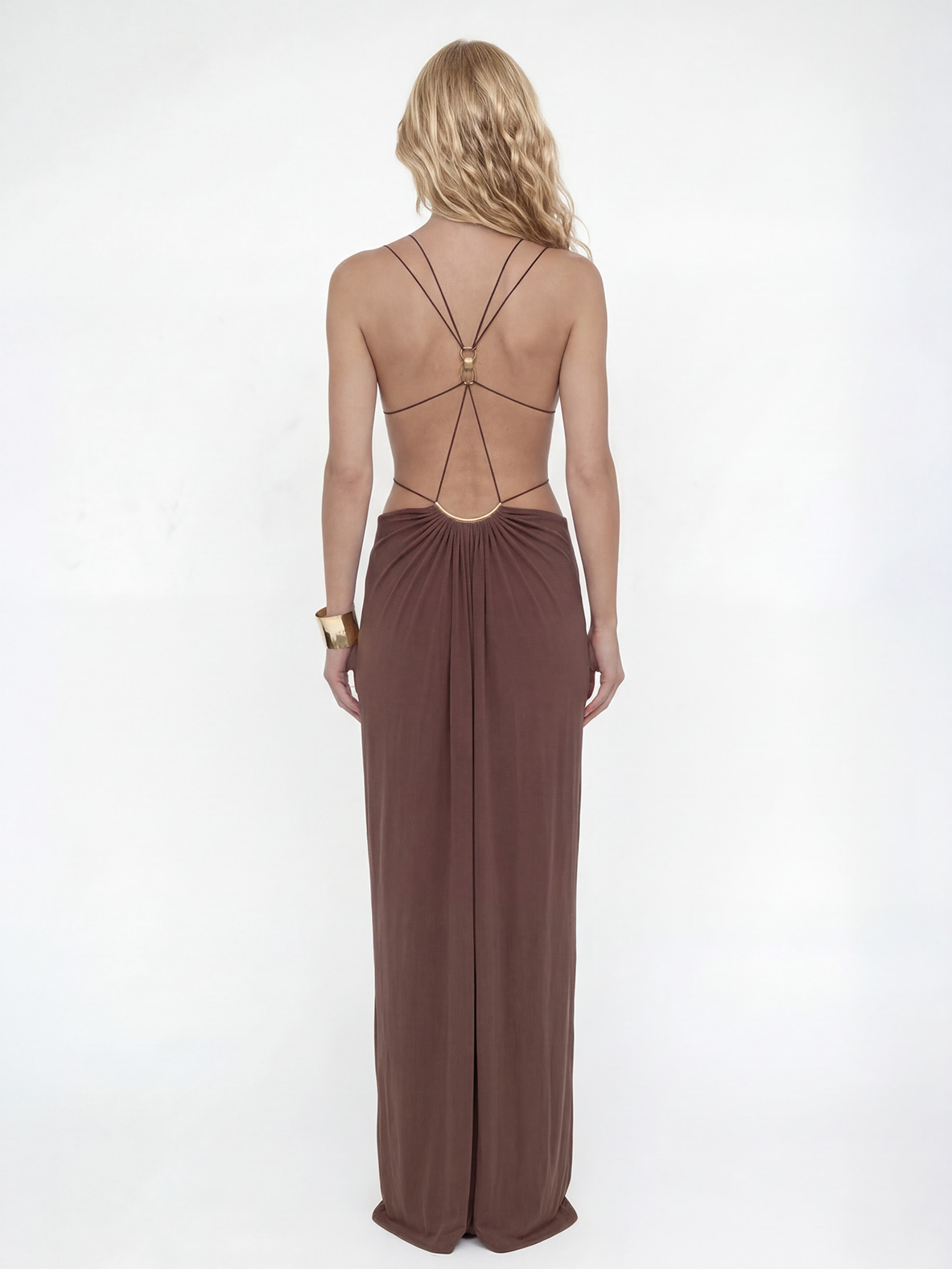 Sexy Metal Chain Cut-Out Backless Lace-Up Draped Maxi Dress