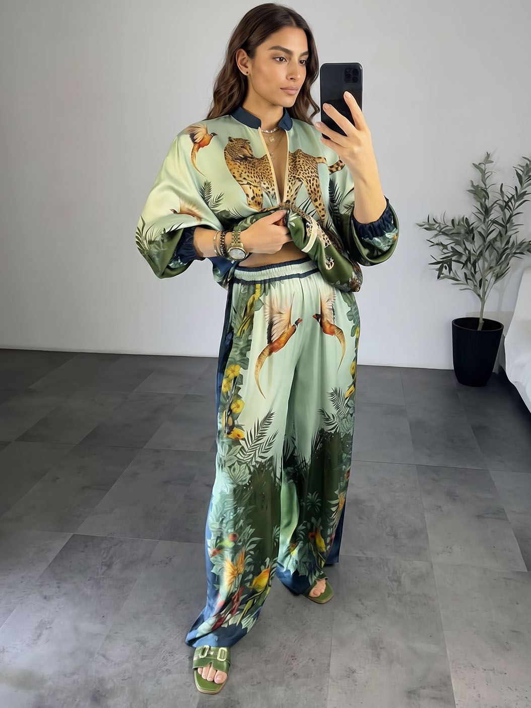 Exotic Jungle Print Zip-Up Shirt & Wide Leg Pants Set