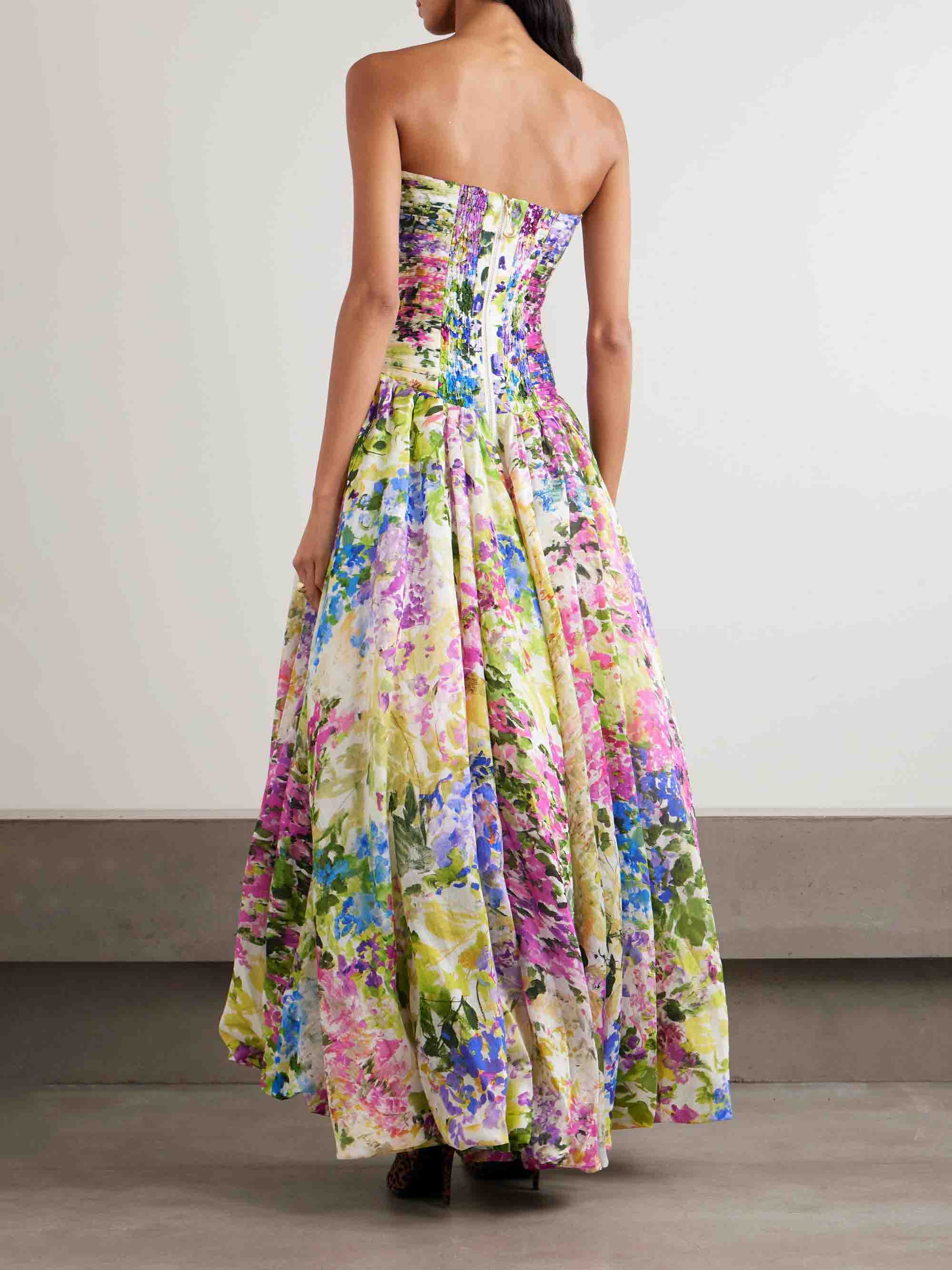 Elegant Strapless Floral Print High-Low Maxi Dress