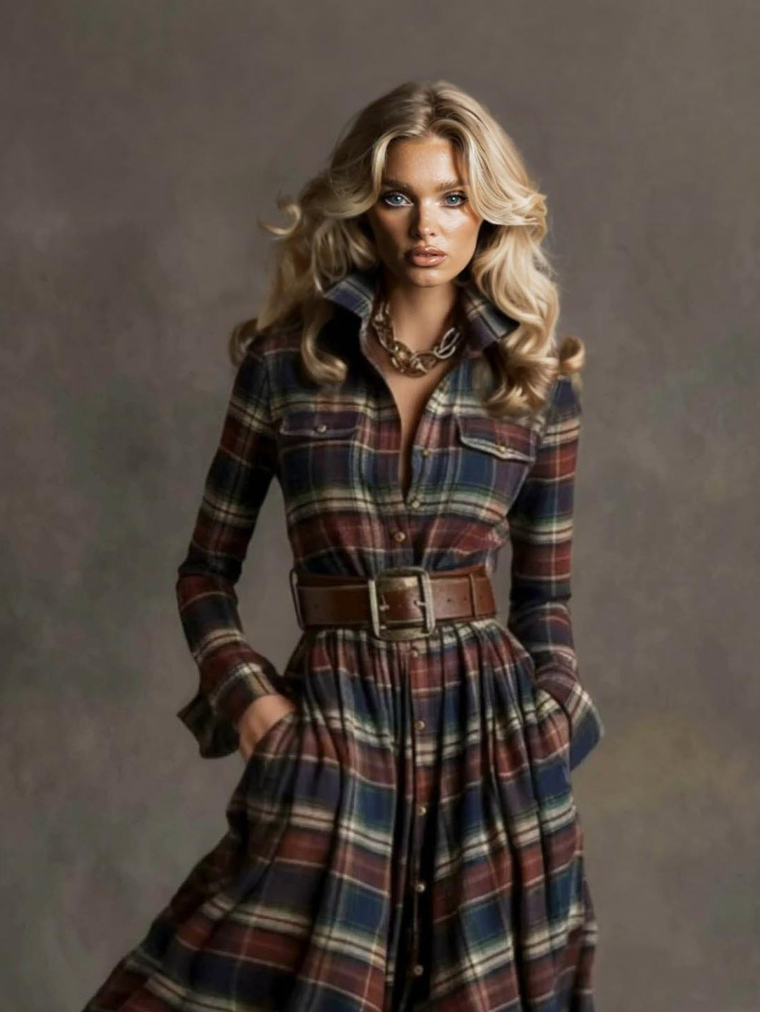 Retro-style Collared Colorful Plaid Maxi Dress
