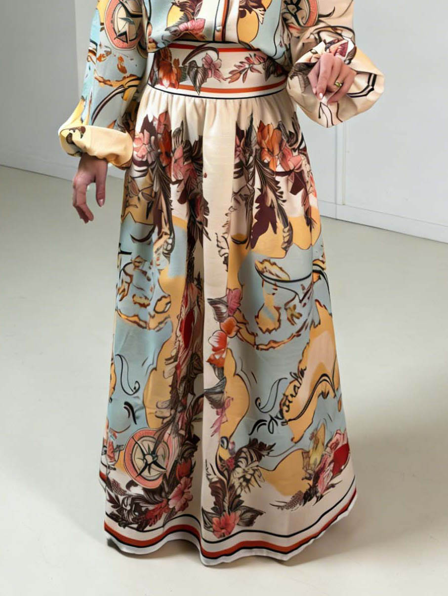 Retro Map Print Lantern Sleeve Shirt